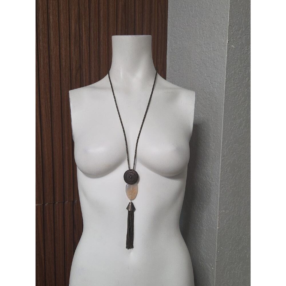 Long Beige Stone Pendant Tassel Necklace - Neutral Boho Style